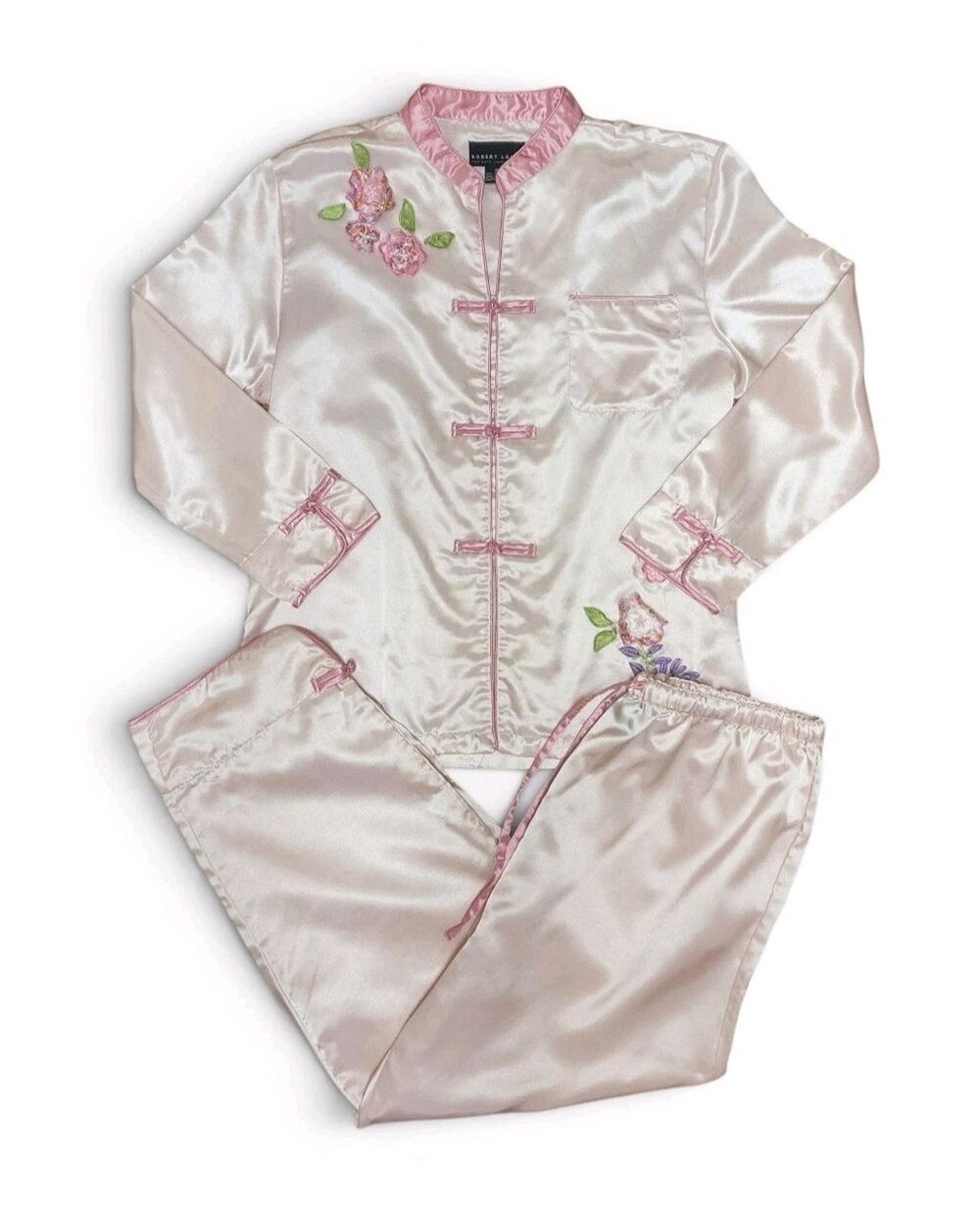 Robert Louis Medium M Pink Pajama Pant Top Set PJs Applique Embroidered Floral